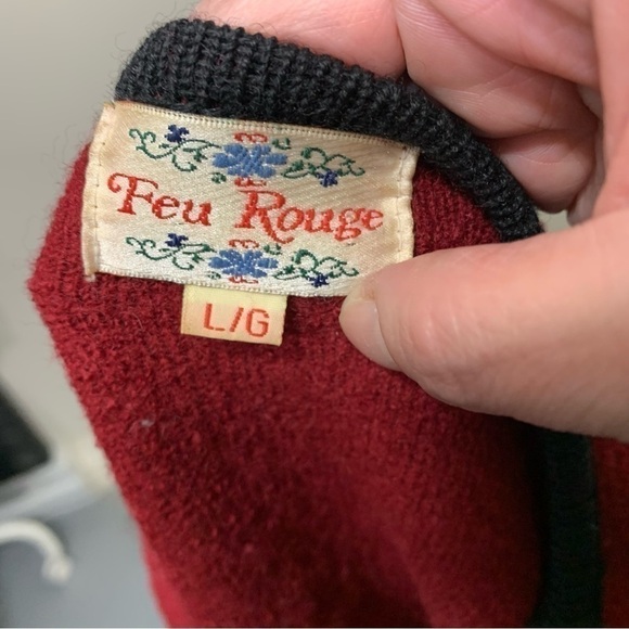 𝅺VINTAGE 80's Feu Rouge Embroidered Country Red pure Wool Shacket Cardigan Sz L - Picture 12 of 13